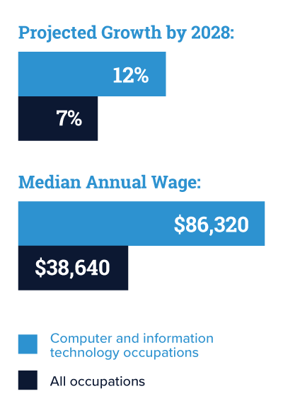 Growth by 2028: 12% for computer and I T, 7% for all. Median annual wage: $86,320 for computer and I T, $38,640 for all.