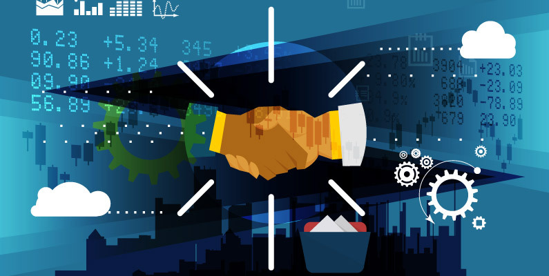 Handshake icon with miscellaneous business related symbols