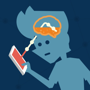 Illustration of a silhouette character "plugged in" from their brain to a mobile phone.