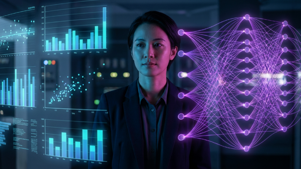 Business professional with data analytics dashboard and neural network visualization hologram