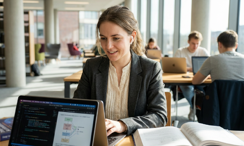 Female software developer working on laptop with code and diagrams in modern coworking office