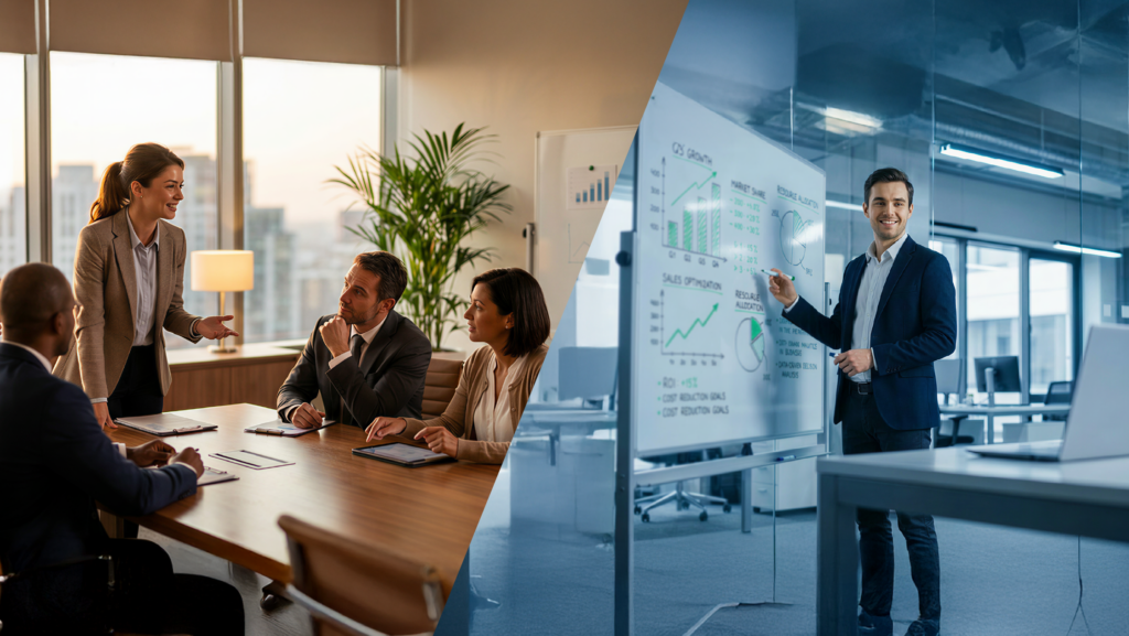 Split composite of businesswoman leading team meeting and male presenter at whiteboard with growth charts
