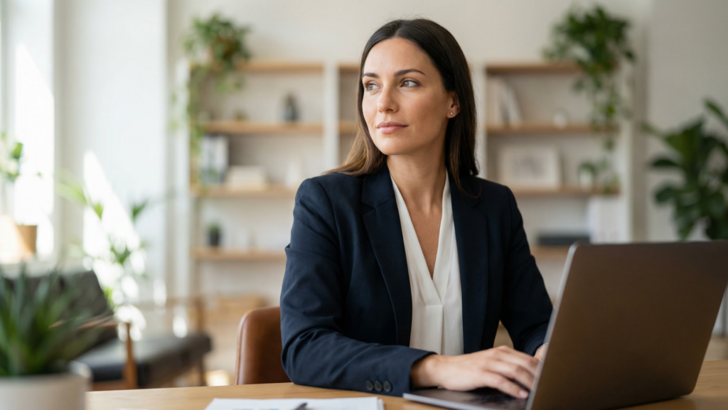 Businesswoman in navy blazer working on laptop at wooden desk in modern plant-filled office