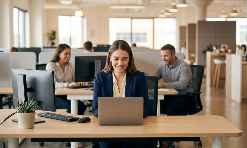 Smiling businesswoman in navy blazer working on laptop at open-plan office desk with colleagues